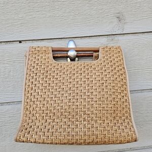 Fossil woven straw top handle bag with tan leather trim